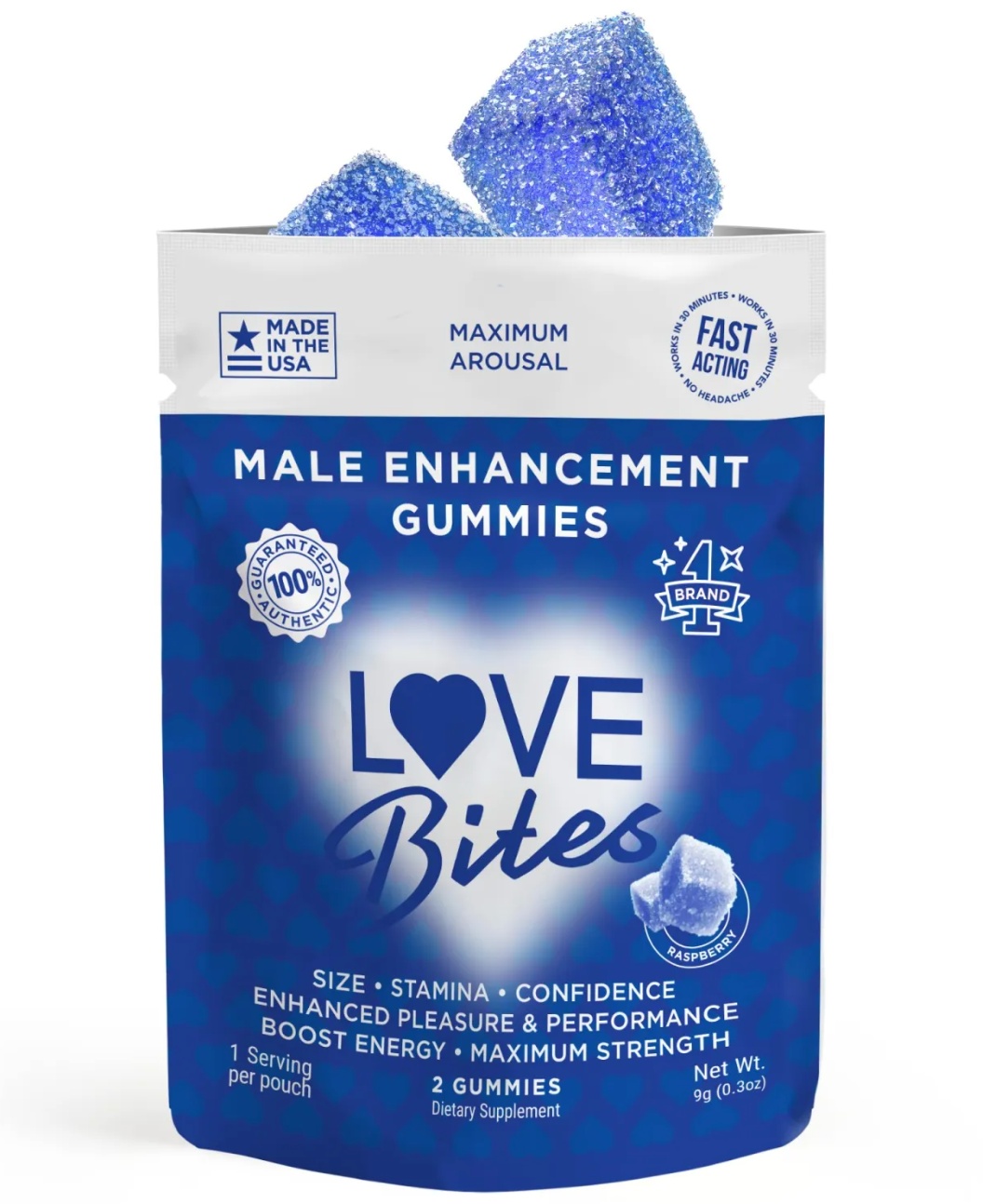 Love Bites Male Enhancement Gummies pouch with two blue raspberry gummies