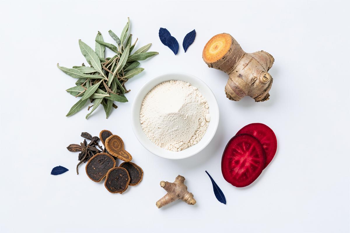 Herbal ingredients typically used in male enhancement gummies laid out on white