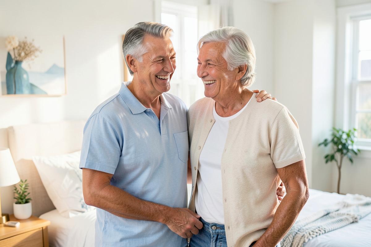 A confident middle-aged couple laughing together at home